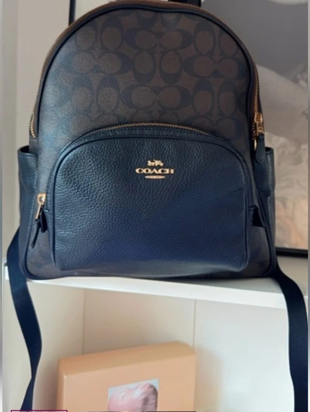 Coach Brown & Black Signature Canvas Backpack with Gold Hardware